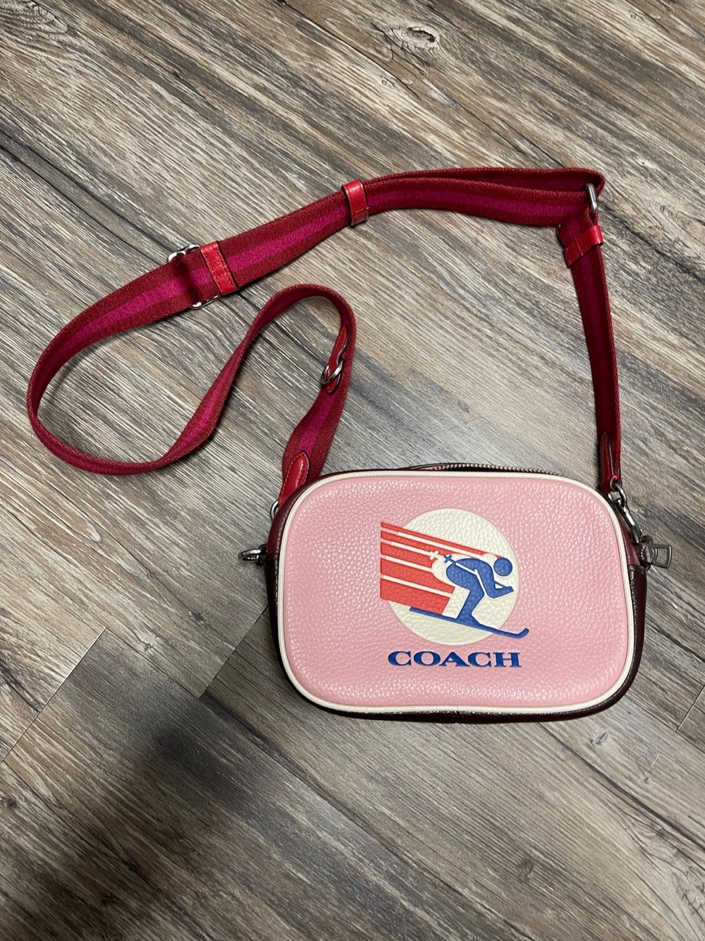 Coach Mini Jamie Camera Bag with Ski Speed Graphic in Powder Pink Wine Multi